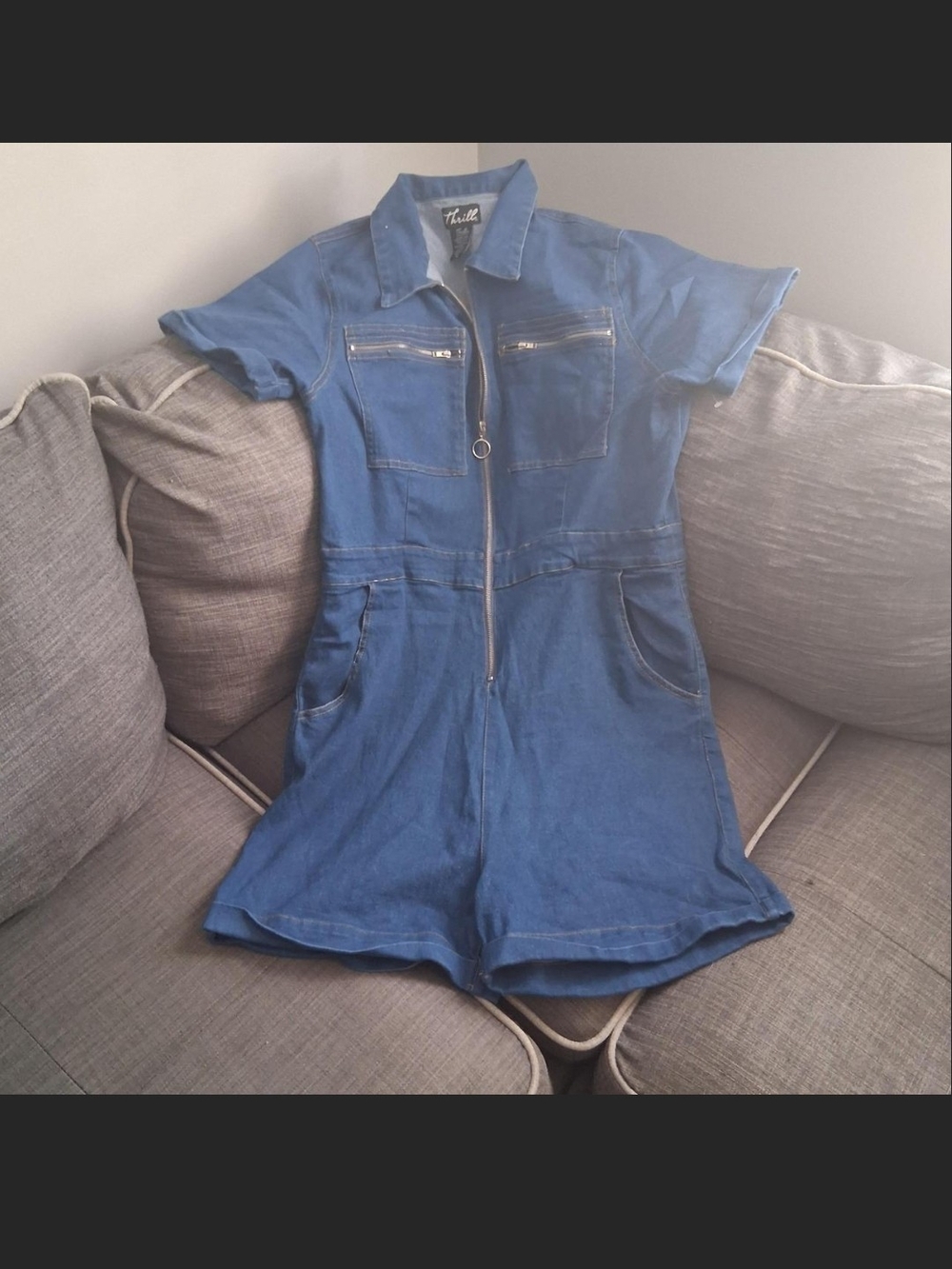 Thrill Blue Denim Short-Sleeve Zip Romper